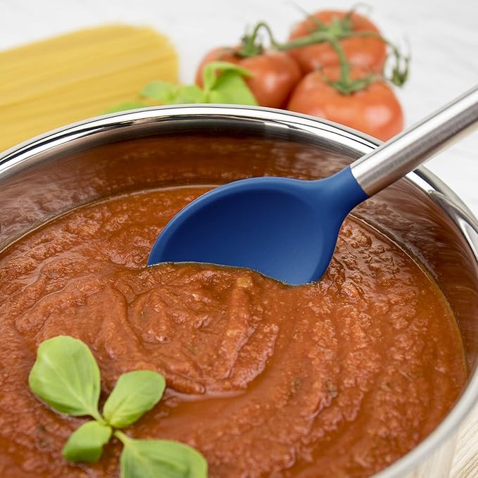 Tovolo Silicone Cooking Utensil Set of 6 Stainless Steel Handle Ladle Slotted Turner Tongs Flex Core Spatula Scraper Mixing Spoon & Potato Masher, Dishwasher Safe BPA Free Utensils, Deep Indigo