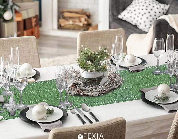 FEXIA Green Table Runner with Tassels for Summer Decor 72 Inches Long Macrame Table Runner for Home Decor Farmhouse Rustic Table Runner for Dining Bedroom Decorations (12x72 Inches)