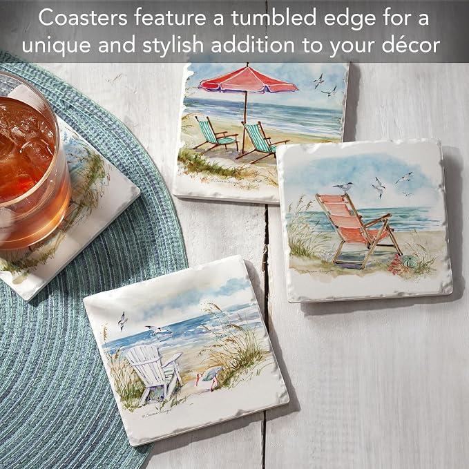 Thirstystone Coastal Moments 4 Pack Assorted Tumbled Tile Stone Coasters with Protective Cork Backing Manufactured in The USA Absorbent Easily Wipes Clean
