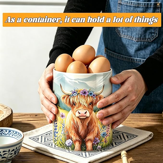 Highland Cow Utensil Holder, Cows Ceramic Kitchen Utensil Holder, Utensil Crock for Home Kitchen Countertop Storage Organizer Container, Large Holder for Spatulas, Spoons, Kitchen Counter Decor, 6"