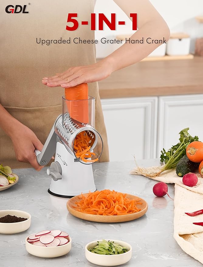 GDL Rotary Cheese Grater Hand Crank with 5 Interchangeable Blades - Upgraded Cheese Shredder Featuring Strong Suction Base for Cheese Shredding, Wavy Slicing, Nut Grinding, Ice Shaving