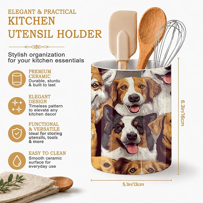 Cute Dog Utensil Holder for Countertop,Funny Ceramic Utensil Crock Organizer for Home Kitchen Spoons,Spatulas and Cooking Tools