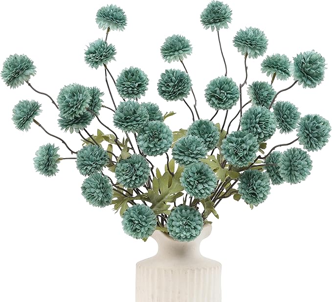 DuHouse 6pcs Artificial Flowers Faux Silk Pompon Mum,Silk Small Mini Chrysanthemum Ball with Stems for DIY Bouquets Centerpieces Vase Home Table Kitchen Decorations(Sage Green)