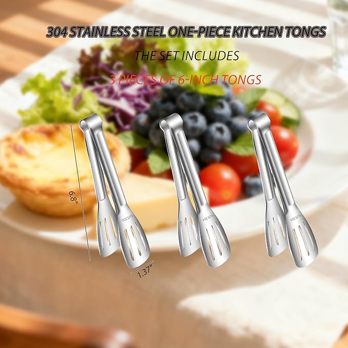Stainless Steel Kitchen Tong Set - Anti-Slip Heat-Resistant Grip, Widened 3-Line Slotted Heads for Easy Clamping (Steaks, BBQ, Pasta, Salads), Easy Clean for Versatile Use Set of 3-6", Silver