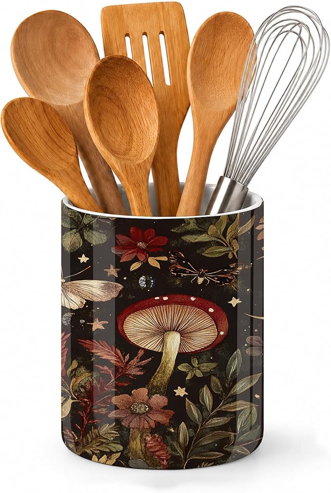 Red Mushroom Utensil Holder for Countertop,Moth Moon Magic Forest Ceramic Utensil Crock Organizer for Home Kitchen Spoons,Spatulas and Cooking Tools