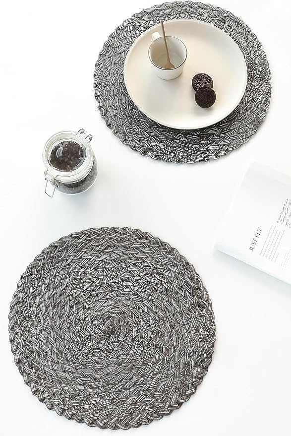 Floroom 15 Inch Round Braided Placemats Set of 4, Washable Heat Resistant Cotton Polyester Circle Boho Place Mats for Kitchen Dining Table - Mist Grey