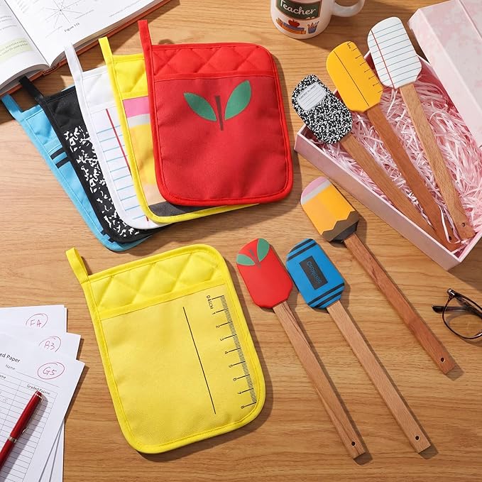 Yaomiao 24 Pcs End of Year Teacher Gifts Appreciation Pot Holders with Silicone Spatula Gifts Set Wooden Handles Pot Holders Thank You Teacher Kitchen Utensils Baking School Party Favor