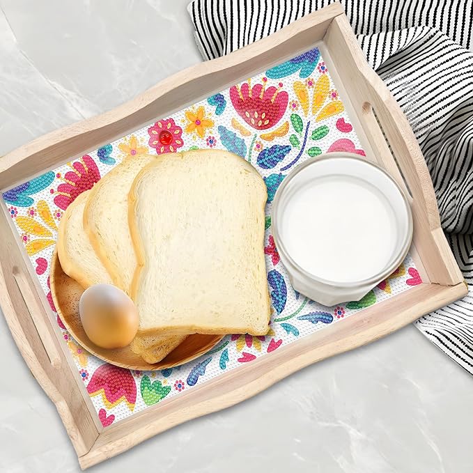 Generic 2Pcs DIY Diamond Serving Tray Rectangular Upgrade Increase Breakfast Tray with Handles Handmade Diamond Art Painting Wooden Tray Dinner Plate for Coffee Living Room Home Organizer-03