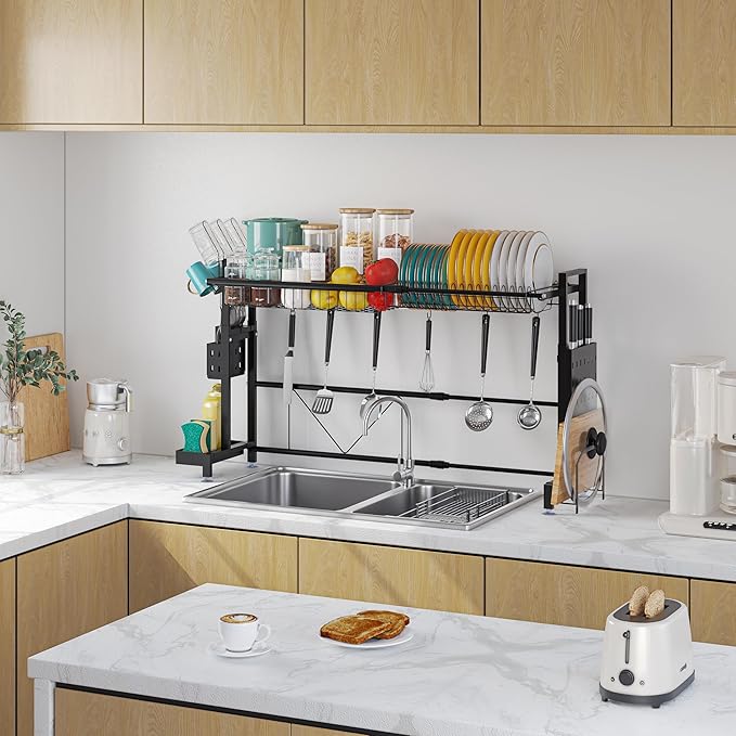 Over the Sink Dish Drying Drainer Rack - Height & Width Adjustable Large Capacity Stainless Steel Kitchen Storage Organization Plate Strainers Above Kitchen Counter (W24.4-38.2" ~ H17.7-22.1" Black)