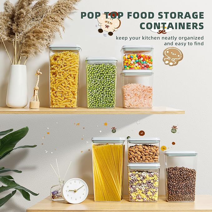 8 Pack Airtight Food Storage Containers with Pop Top Lids, BPA-Free Clear Pantry Organizer Set with Measurement Marks, Plastic Kitchen Containers for Cereal, Flour, Sugar, Pasta & Snacks