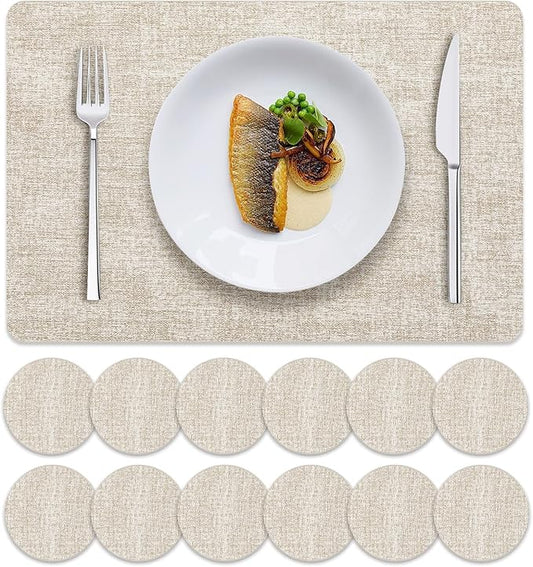 MOSAYT Faux Leather Placemats Set of 12, Heat Resistant Vinyl Place Mats with Coasters, Wipeable Washable 100% Waterproof Oil Proof Table Mat for Kitchen Dining Party Indoor Outdoor, 12" x 17", Beige