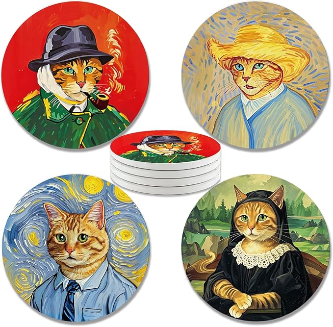 zcyhtqp, Funny Absorbent Round Ceramic Stone Coasters Set of 4 with Cork Base, Art Painting Style Beverage Coasters, Gifts for Home, Kitchen, Bar, Coffee Table, Office Table Décor