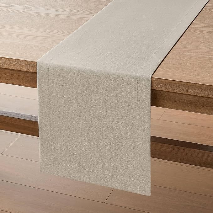 ZeeMart Linen Textured Border Table Runner, 14 x 36 Inch Natural, Farmhouse Style Neutral Table Runners 36 Inches Long, Easy Care Everyday Polyester Table Runner
