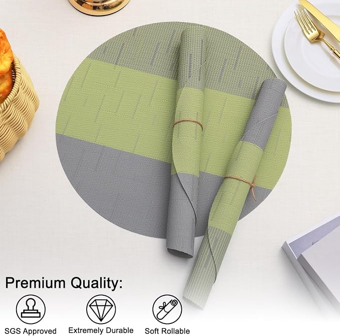 Round Placemats Set of 4, 15 Inch Woven Vinyl Heat Resistant Place Mats, Washable Non Slip PVC Table Mats for Kitchen Dining Party Outdoor Table Decor (Gray Grass Green, 4)