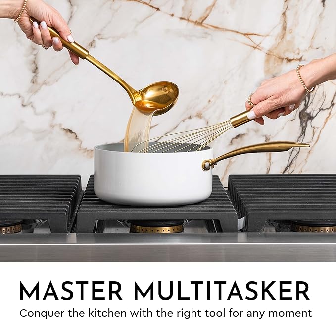 Gold Kitchen Utensils Set – 7-Piece White Silicone Cooking Tools with Gold Utensil Holder – Luxury Kitchen Accessories for Stylish Cooking and Serving, Ideal for Gifting