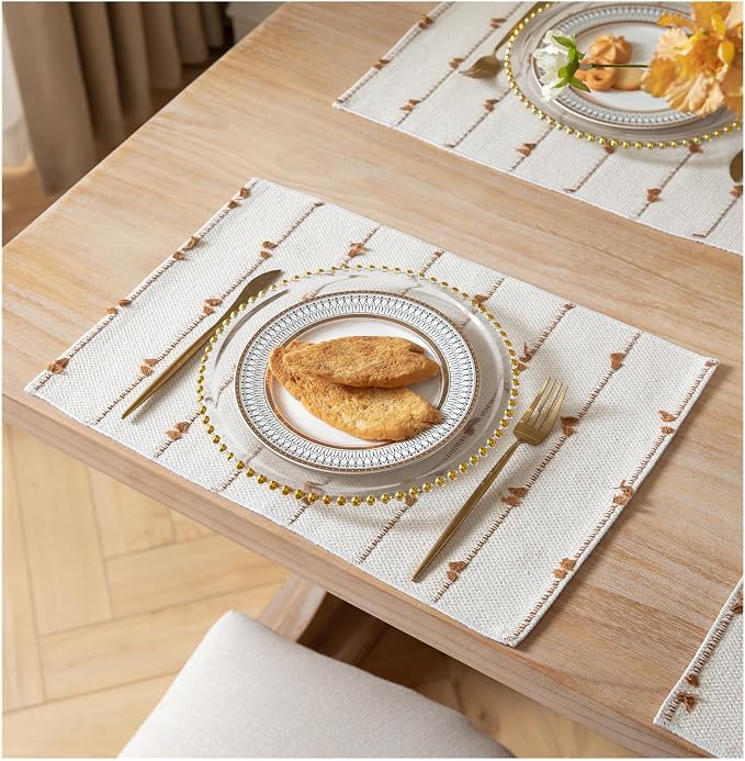 Boho Placemats Set of 6 for Dining Table Decor, Woven Cloth Place Mats for Farmhouse Rustic Kitche Home Decor, Cotton Placemats 13 x 19 Inch, Brown and Beige Table mats