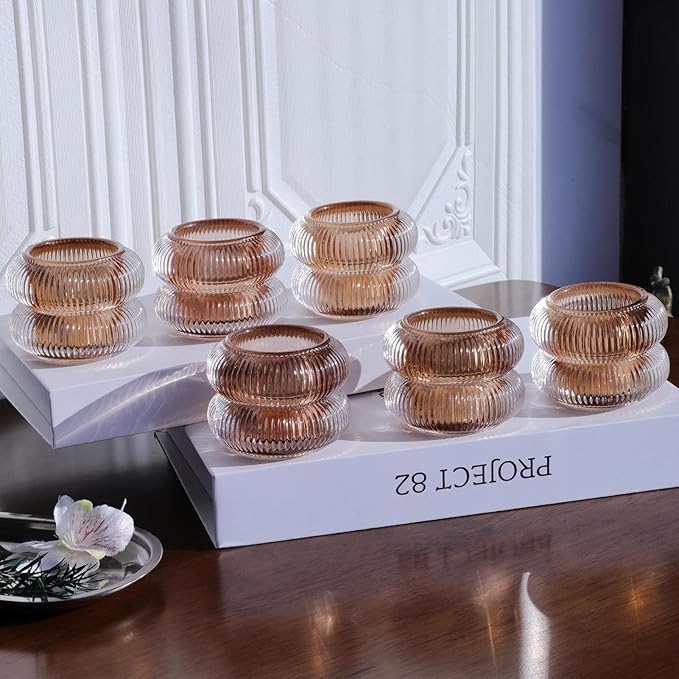 Woho Ribbed Amber Votive Candle Holders Set of 12 for Wedding Table, Vintage Glass Tealight Candle Holder for Fall Decor, Boho Tea Lights Candle Holder for Thanksgiving (Brown, 2.1" H X 2.75" D)