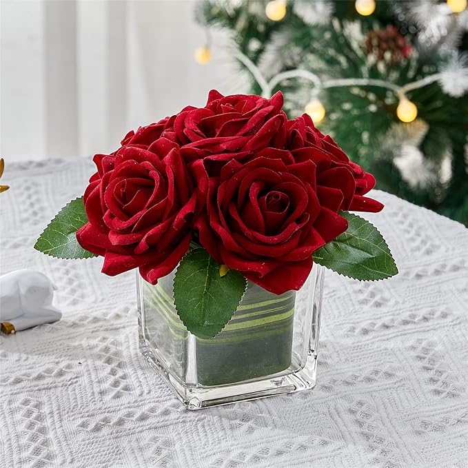 Fule Artificial Velvet Rose Flower Centerpiece Arrangement in vase for Home Wedding Decoration (Burgundy)