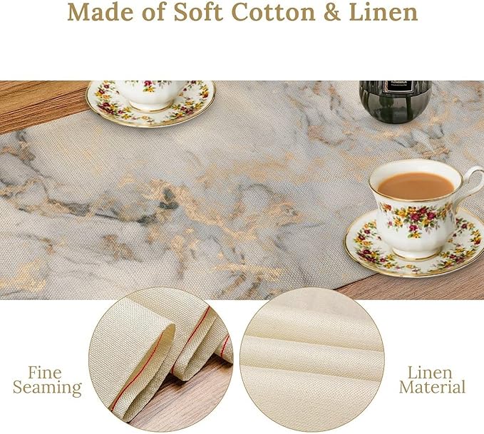 Marble Table Runner, White Grey and Gold Modern Luxury Texture Printed Linen Table Runners for Home Farmhouse Kitchen Dining Room Party Holiday Decor 13" W x 60" L