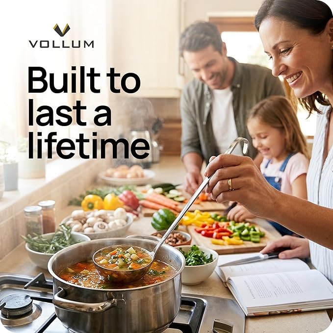 Vollum Metal Ladle Stainless Steel – Heavy Duty One-Piece Large Soup Ladle with Long Handle for Gravy, Stew, Sauce – Kitchen Utensils for Cooking - 6 Ounce (3.6" Bowl Diameter, 12.1" Handle Length)