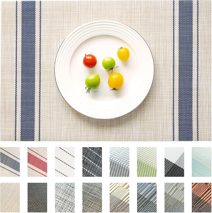 Placemats Set of 4 Vinyl/Plastic Woven Place Mats for Kitchen Table Indoor/Outdoor Washable Placemat Wipeable Dining Table Mats (Khaki Blue,4)