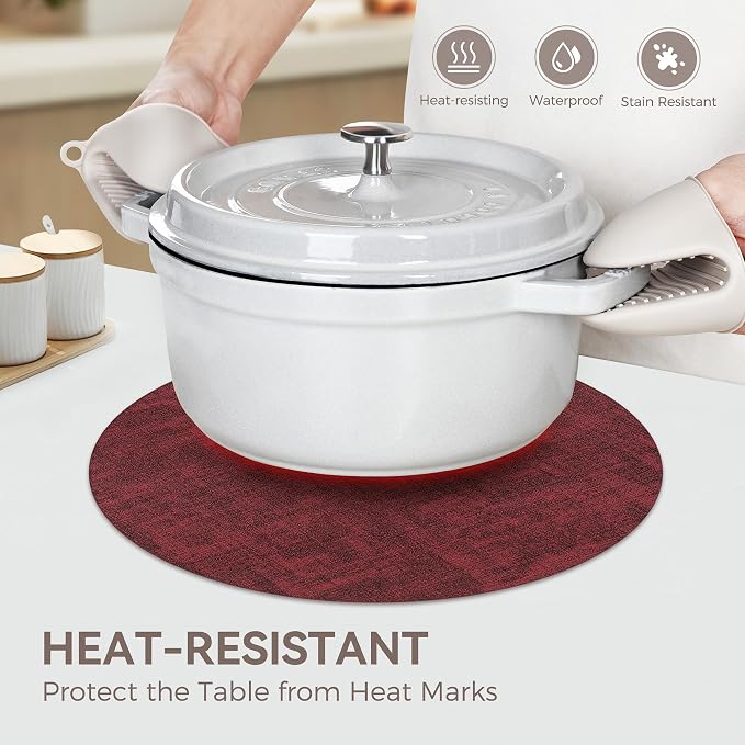 13" Round Placemats Set of 12, Reversible Faux Leather Heat Resistant Table Mats, 100% Waterproof Oilproof Wipeable Table Protective Placemats for Vinyl, Washable for Indoor (12, Burgundy)