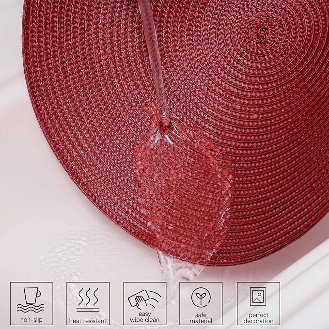 AHHFSMEI Round Placemats Set of 4 Heat Resistant Washable Non-Slip Woven Braided Table Mats for Dining Table Kitchen & Home Decor (Burgendy Red,4)