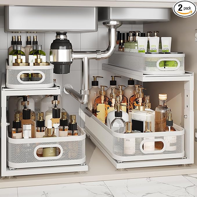 2 Pack 21IN-Depth Under Sink Organizer With Next-Gen Ball-Bearing Slides,2-Tier Precision Mesh Pull Out Cabinet Storage for Bathroom&Kitchen,Height Adjustable Drawers Shelf,Anti-rust-White