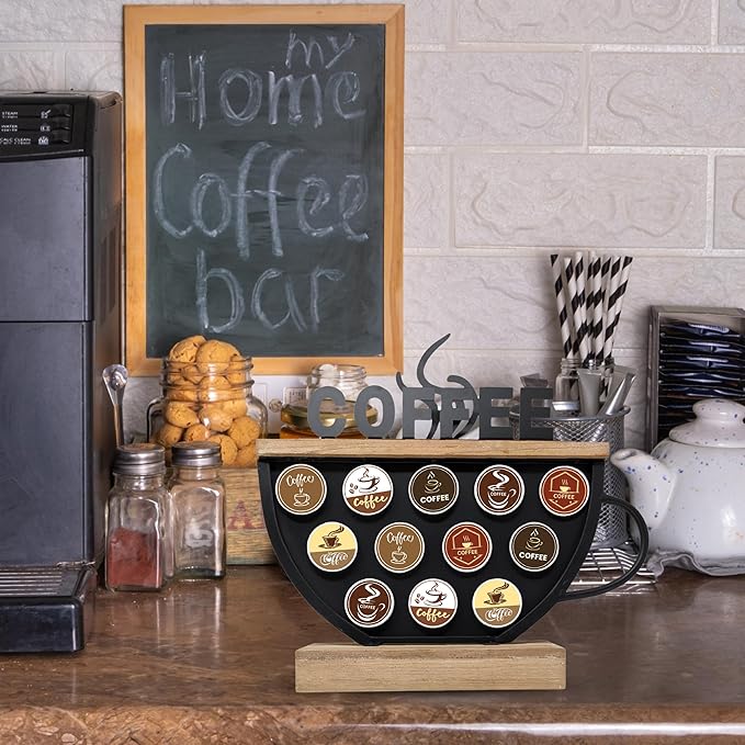 Black Coffee Pod Holder compatible with K-Cups – Metal & Wood Coffee Bar Functional Décor, Café Station Countertop Storage, Space-Saving Coffee Rack, Great Gift for Coffee Lovers, Home, Office, Café