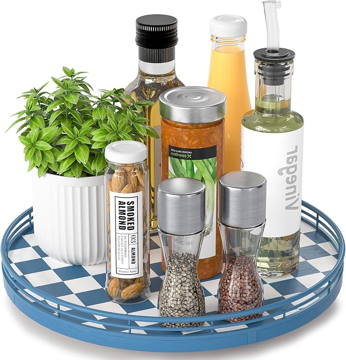 Premium Rubber Wood Lazy Susan Turntable, Blue White Checkerboard Decorative Serving Tray, Hand-Welded Metal Railing, Stable Rotating Organizer for Dining Table, Kitchen Counter, Coffee Table Decor