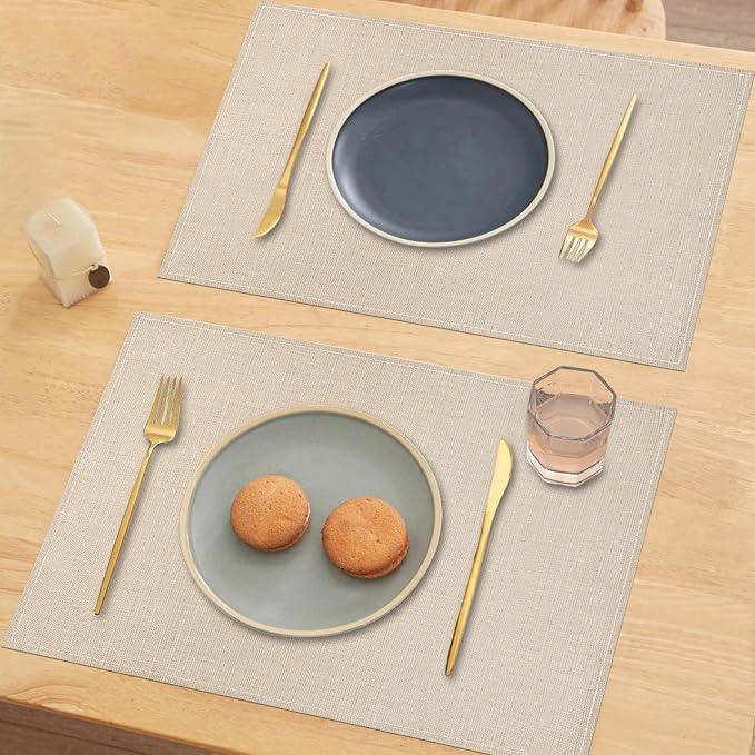 Niviy Beige White Placemats Set of 4, 12x18 Inch Washable Easy to Clean Heat-Resistant Anti-Skid Beige Placemats for Holiday Party Kitchen Dining Room Decoration