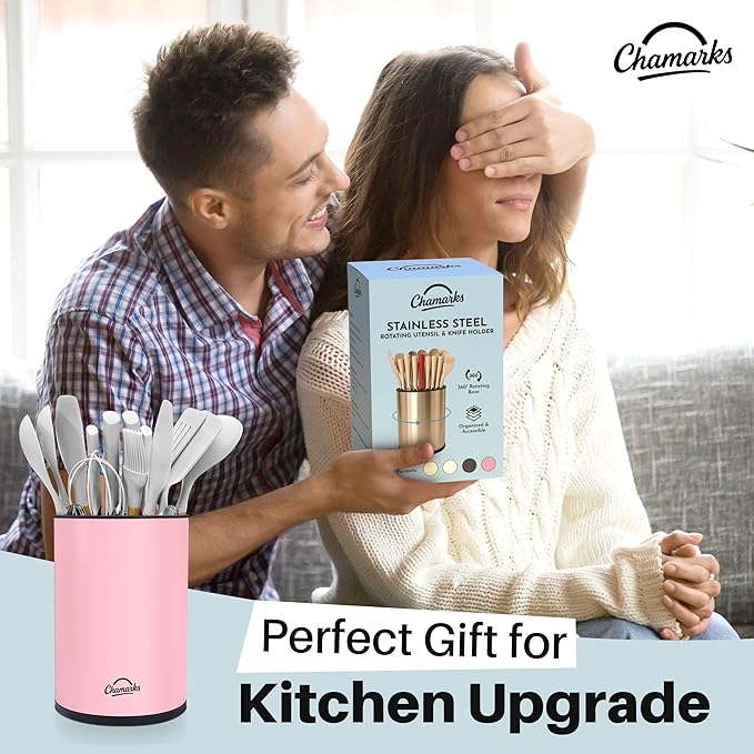 3-in-1 Kitchen Utensil Holder for countertop with Knife Block and Silverware Caddy. (Pink)