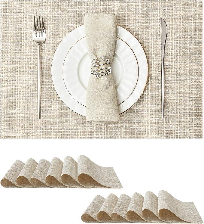 Leetaltree Sparkling Beige and Gold Vinyl Woven Placemats Set of 12 - Durable - Washable - Wipeable Dining Table Place Mats, Suitable for Indoor & Outdoor Use - Hand-Cut