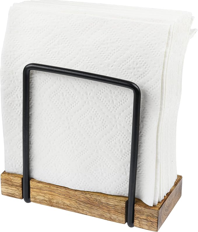 Tribello Modern Farmhouse Napkin Holder, Standing Vintage Napkin Holder for Tables, Steel And Wooden Base Kitchen & Dining Room Decor