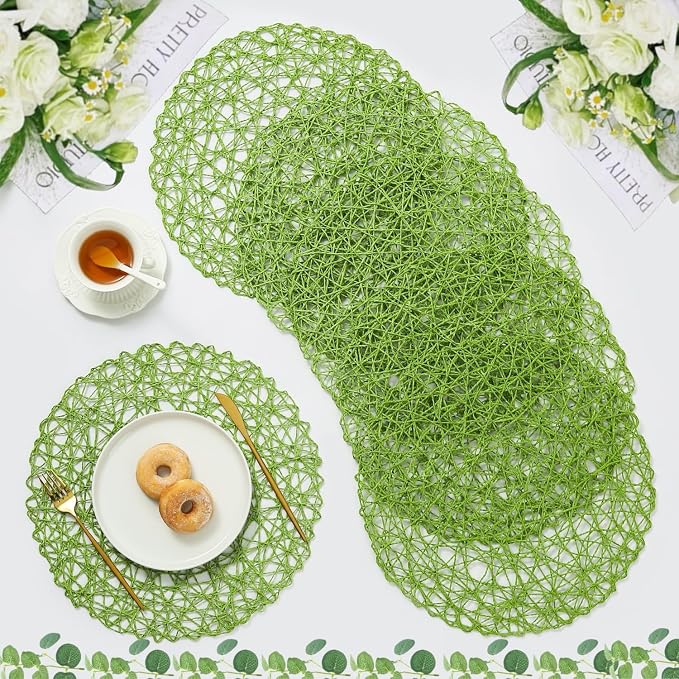 IcosaMro Grass Green Round Placemats Set of 6 for Dining Table, 15 Inch Paper Woven Boho Decorative Circle Place Mat for Wedding Christmas Thanksgiving Day Holiday Dinner, Grass Green