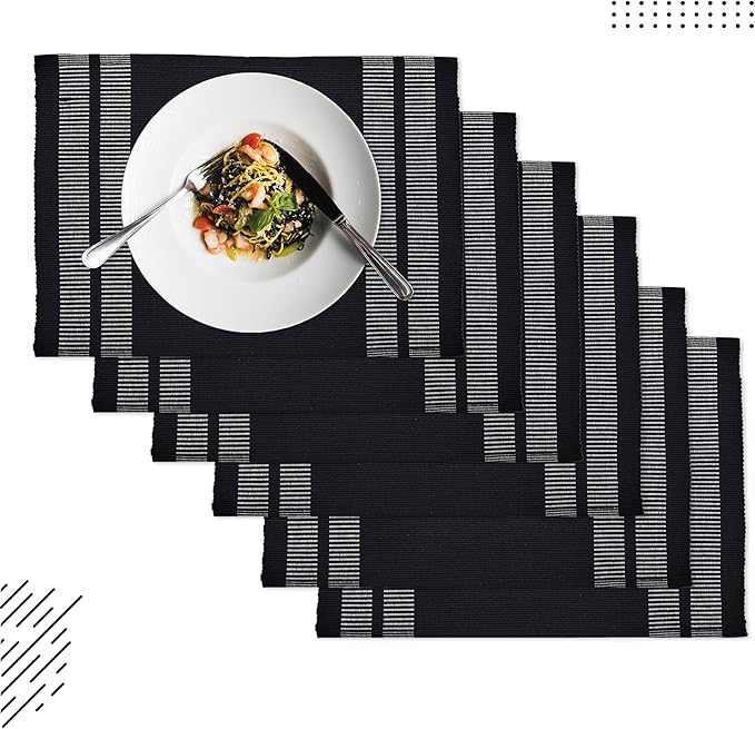 Encasa XO Dining Placemat Set of 6 | Ladder Black Color | Fine Ribbed Cotton Table mat | Size 18x13 in | Machine Washable