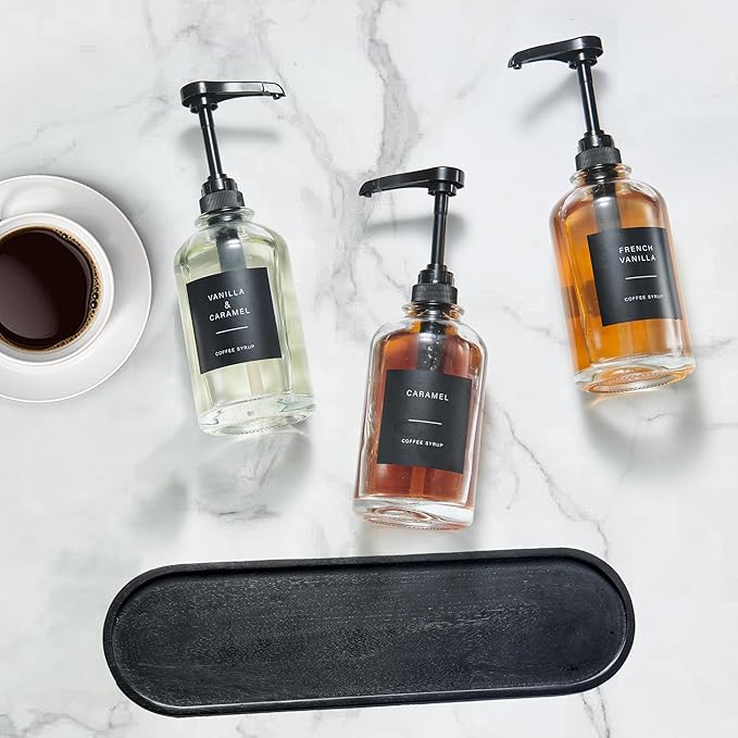 Coffee Syrup Dispenser for Coffee Bar, Glass Syrup Bottle with 1/4 oz Large Capacity Pump, Syrup Pump Dispenser with Pump for Coffee Station, Black with Tray,16.9oz, Set of 3