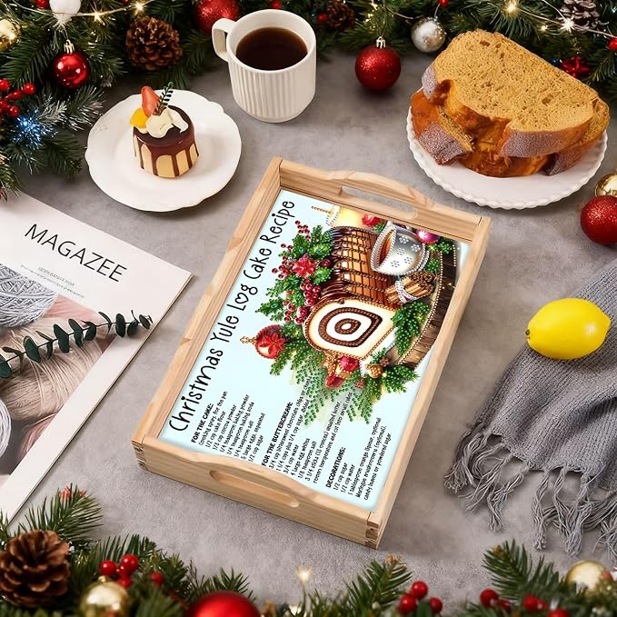 BAYUNOE DIY Diamond Serving Tray Christmas Rectangular Breakfast Tray with Handle Handmade Diamond Art Painting Wooden Tray for Dinner Plate Coffee Room Living Home Organizer-Cake