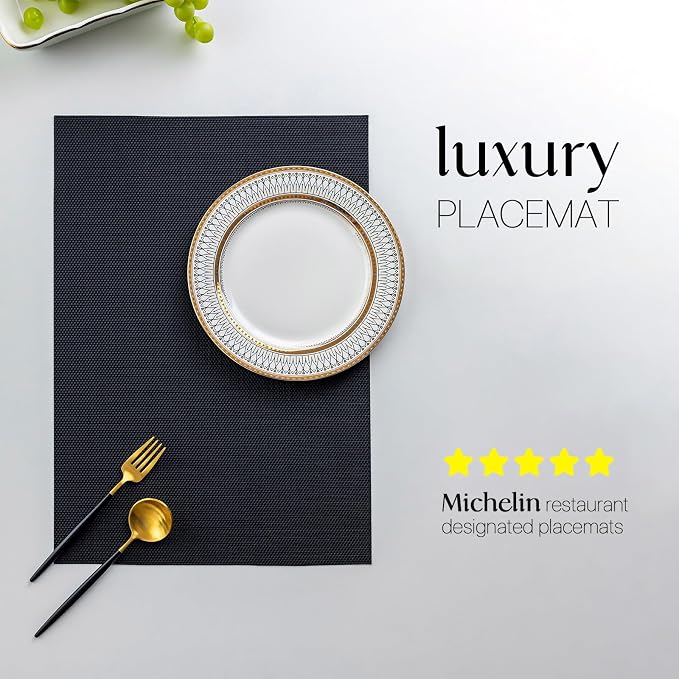 LEXMORE Placemats Set of 4 Vinyl/Plastic Woven Place Mats for Kitchen Table Indoor/Outdoor Washable Placemat Wipeable Dining Table Mats(Black)