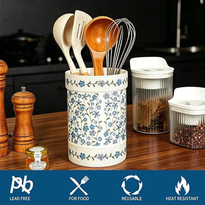 Ceramic Utensil Holder for Counter,Utensil Crock with Blue Floral Pattern for Countertop,Kitchen Organizer for Spoons,Whisks,Spatulas,Farmhouse Kitchen Decorative Accessories