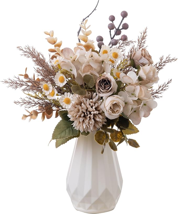 Small Fake Silk Flowers Bouquet with Vase, Faux Centerpieces with Roses, Dandelions, Hydrangea, Daisies, Eucalyptus, Hollyberries - Artificial Floral Arrangements for Home Kitchen Decor