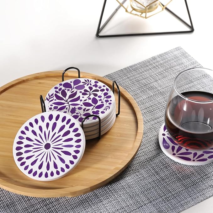 Drink Absorbent Coasters with Holder Set of 6, Ceramic Stone with Cork Base, Modern Purple Abstract Geometric Coaster for Drinks, Gift for Housewarming Room Bar Home Decor Kitchen