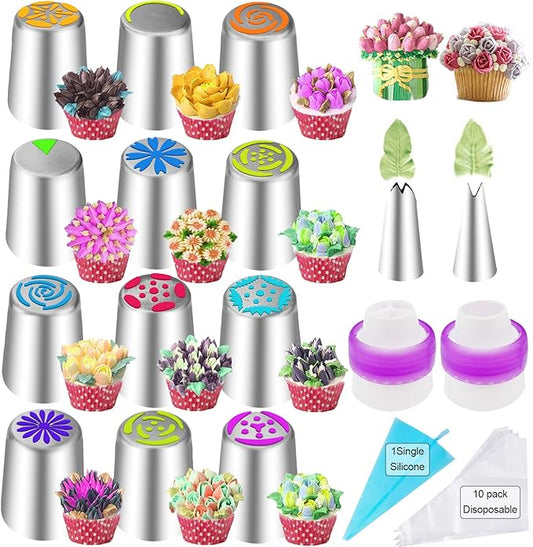27Pcs Russian Piping Tips Set,Flower Frosting Tips For Cake Cupcake Decorating,12Russian Icing Tips,2Leaf Piping Tips,10Disposable Pastry Bags,1Reusable Silicone Pastry Bag,2Couplers Baking Supplies