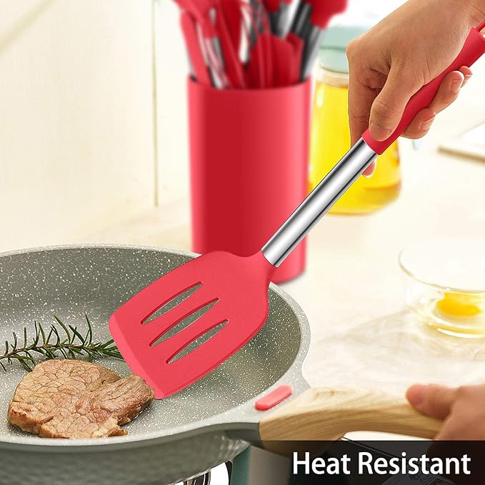 LIANYU 15-Piece Cooking Kitchen Utensils Set with Holder, Silicone Kitchen Tools Stainless Steel Handle, Slotted Spatula Spoon Turner Tong Whisk Brush for Cooking, Red