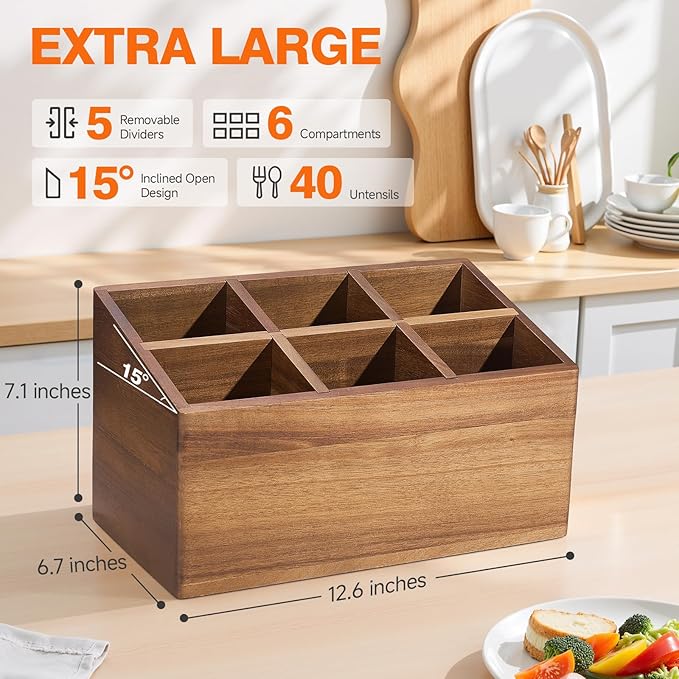 Wooden Utensil Holder Counter, Kitchen Utensil Organizer Large 6 Compartment Cooking Utensils Holder, Acacia Rustic Wood Farmhouse Storage Container Crocks for Silverware and Cooker Set
