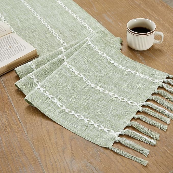 Wracra Rustic Linen Table Runner Farmhouse Style Table Runners 72 inches Long Embroidered Table Runner with Hand-Tassels for Party, Dresser Decor and Dining Room Decorations (Desert Sage, 13"×72")