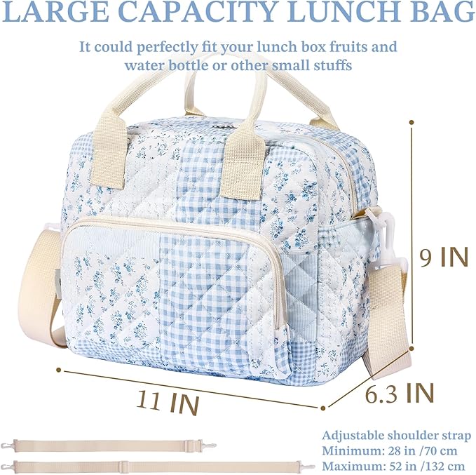WOBAGMEN Quilted Lunch Box for Women, Insulated Lunch Bag for Adult,Cute Lunch Tote Bags for Work Picnic Travel(green blue pin,M)