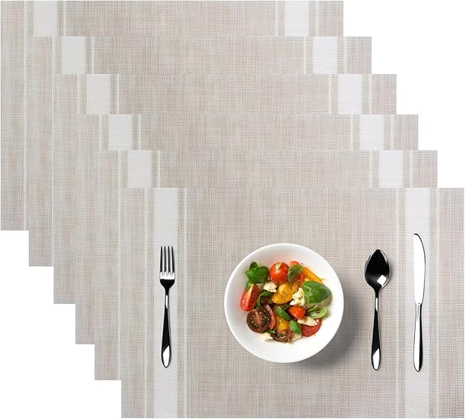 Placemats, Placemats for Dining Table Set of 6, Kitchen Table Mats Heat-Resistant Non-Slip Washable PVC Woven Vinyl Place Mats for Dining Room Table Decoration (Pack of 6, Beige)