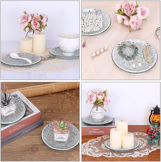OwnMy 2PCS Mosaic Glass Pillar Candle Holder Plates and Trays, 6 Inch Glass Mosaic Candle Bases Coasters Decorative Pillar Candle Stands for Wedding Table Centerpiececs, Silver