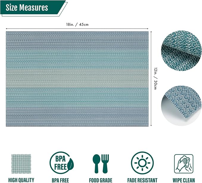 Winknowl Placemats Set of 4, Washable Vinyl Woven Placemats, Heat Resistant & Wipeable Table Mats for Kitchen Dining Table (Blue)